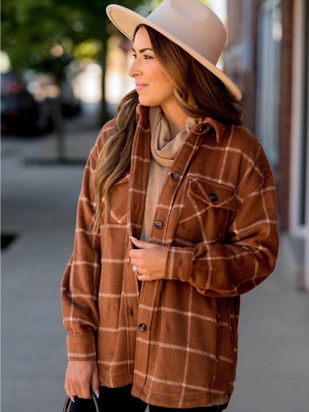 Staccato Plaid Flannel Shacket in Rust/Brown Oversized Small